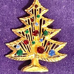 Gold Christmas Tree Brooch with Colorful Rhinestones